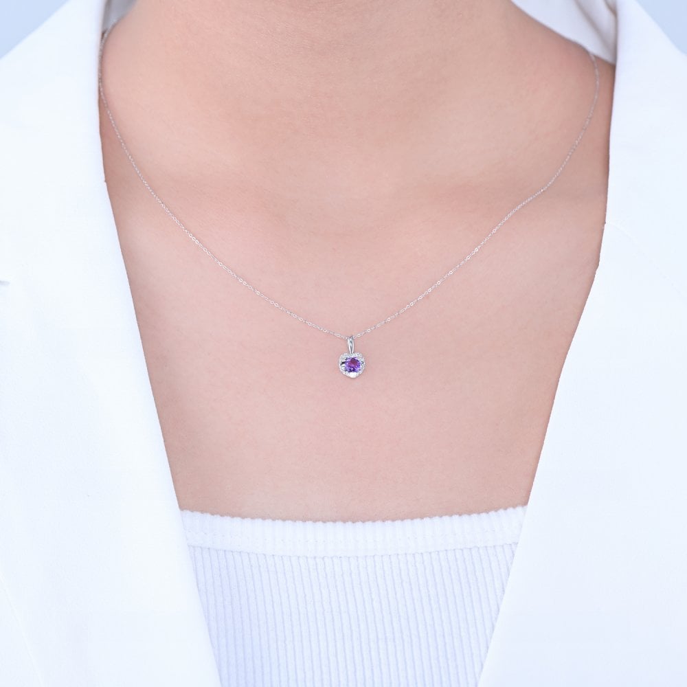 SPARKLD 9ct White Gold Diamond and Amethyst Heart Pendant Necklace