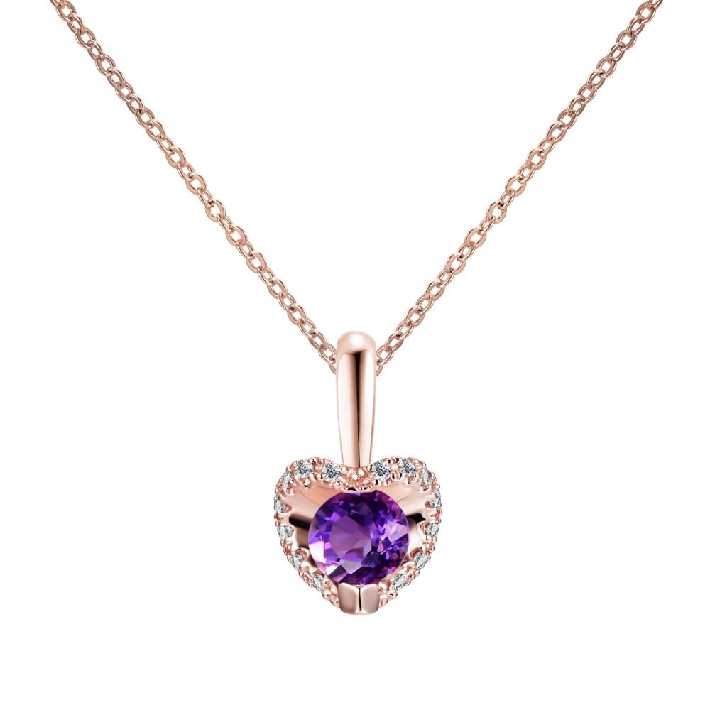 SPARKLD 9ct Rose Gold Diamond and Amethyst Heart Pendant Necklace