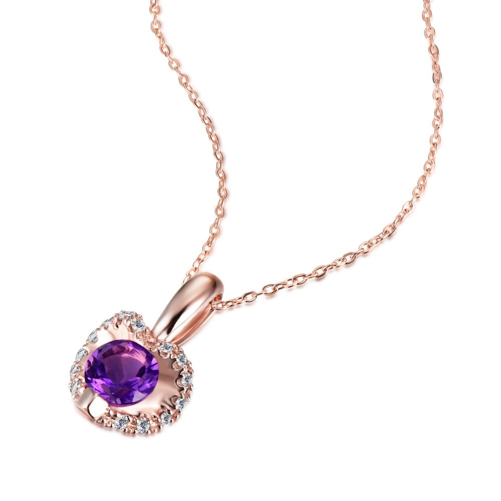 SPARKLD 9ct Rose Gold Diamond and Amethyst Heart Pendant Necklace