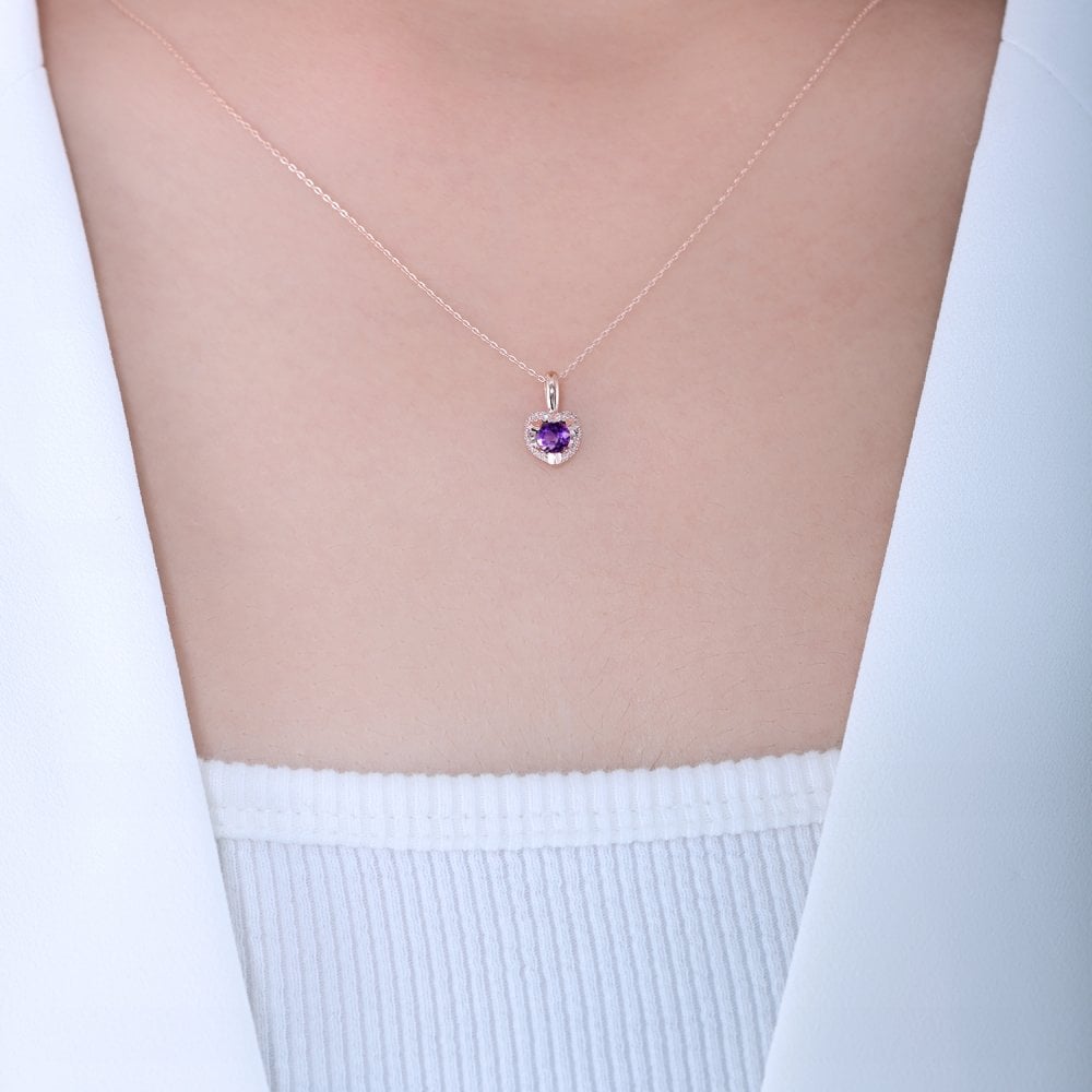 SPARKLD 9ct Rose Gold Diamond and Amethyst Heart Pendant Necklace
