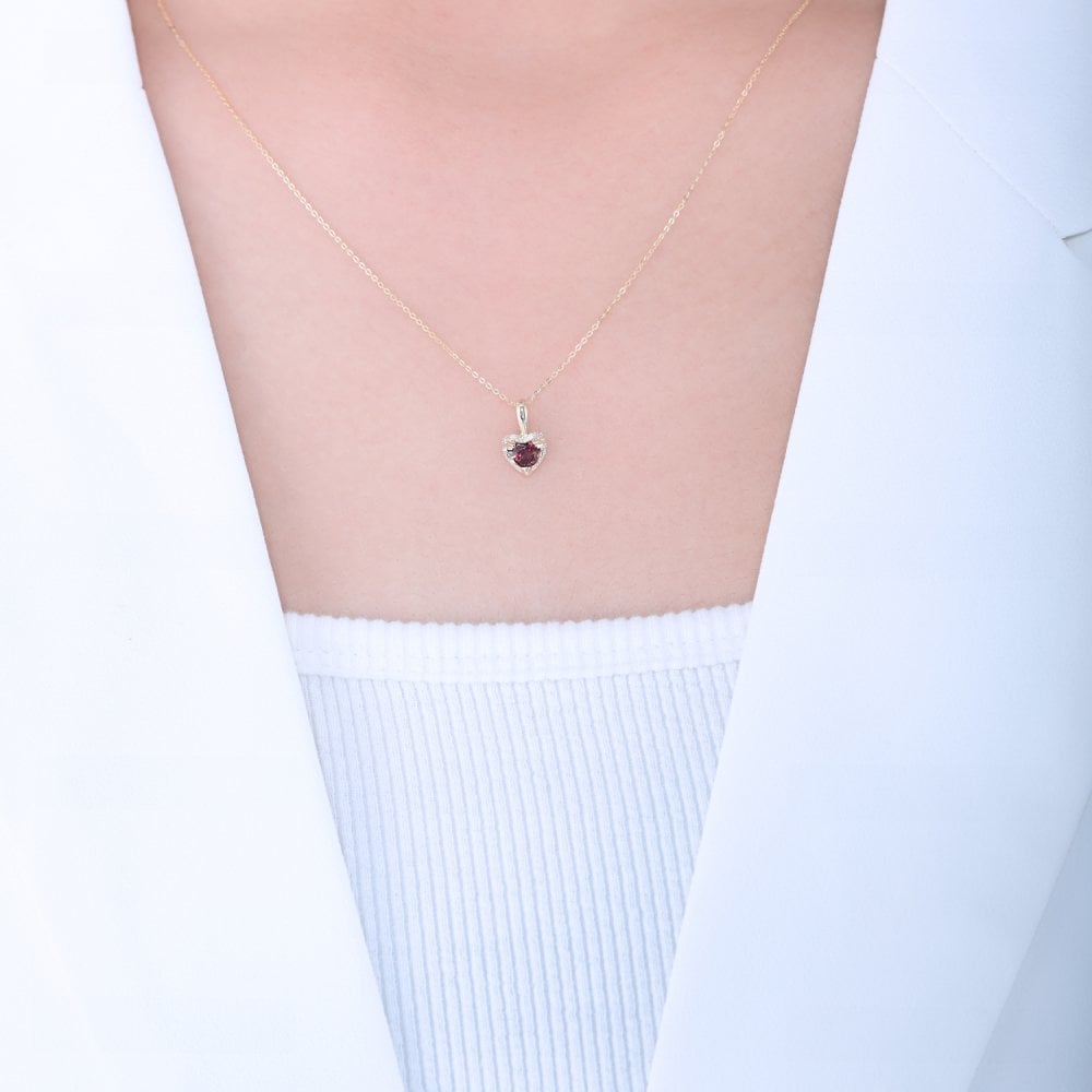 SPARKLD 9ct Yellow Gold Diamond and Garnet Heart Pendant Necklace