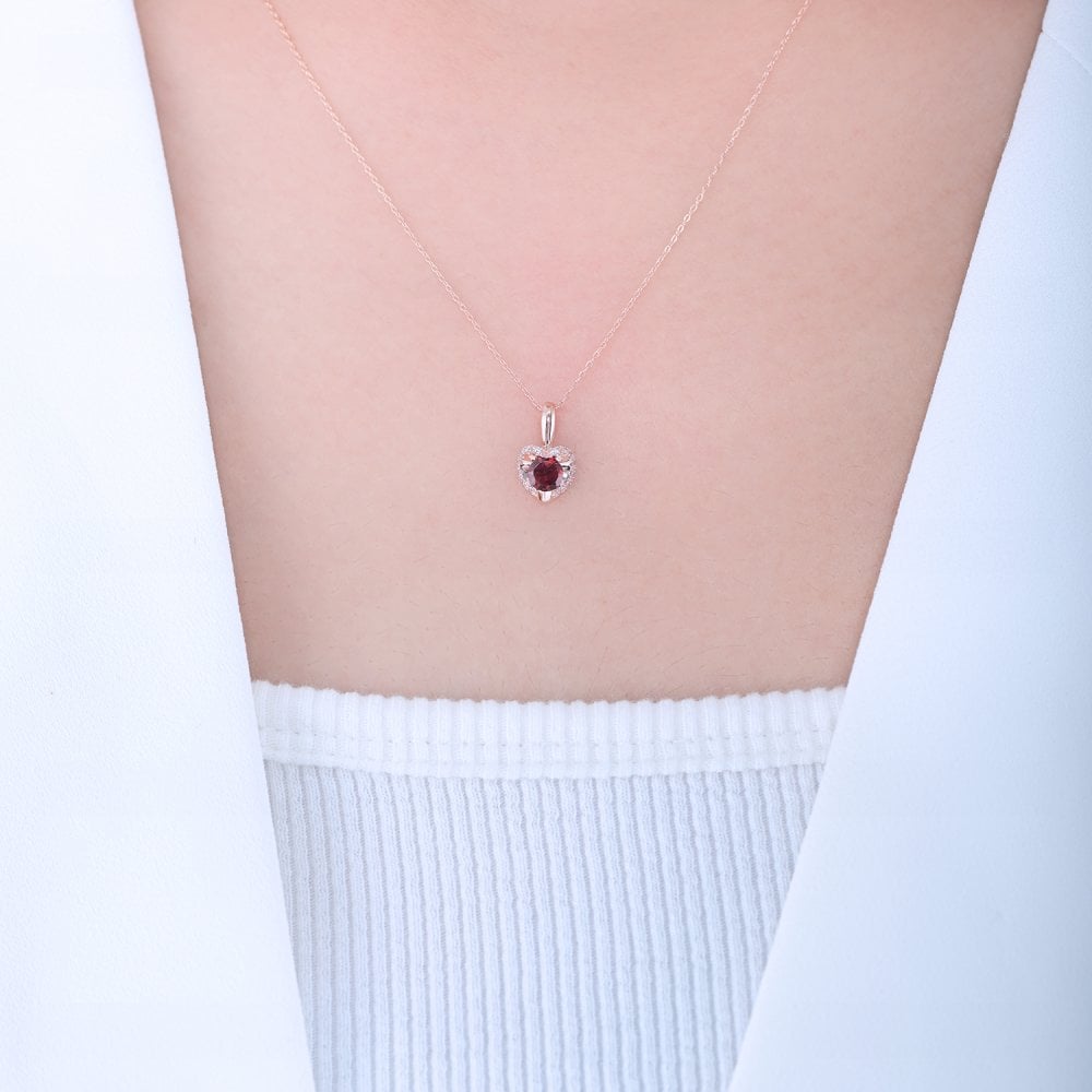 SPARKLD 9ct Rose Gold Diamond and Garnet Heart Pendant Necklace