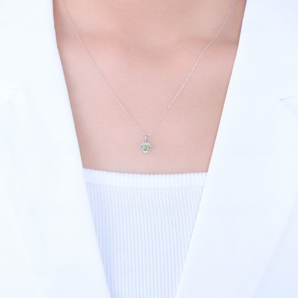 SPARKLD 9ct White Gold Diamond and Peridot Heart Pendant Necklace