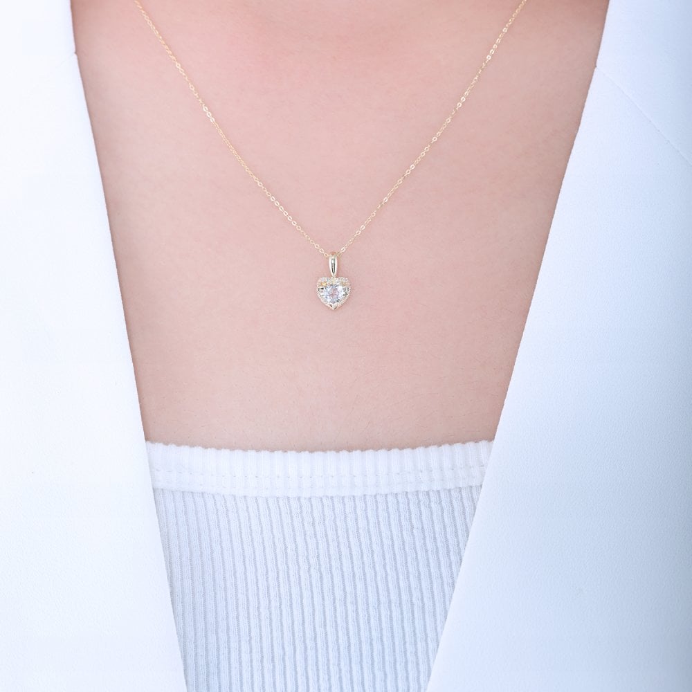 SPARKLD 9ct Yellow Gold Diamond and White Topaz Heart Pendant Necklace