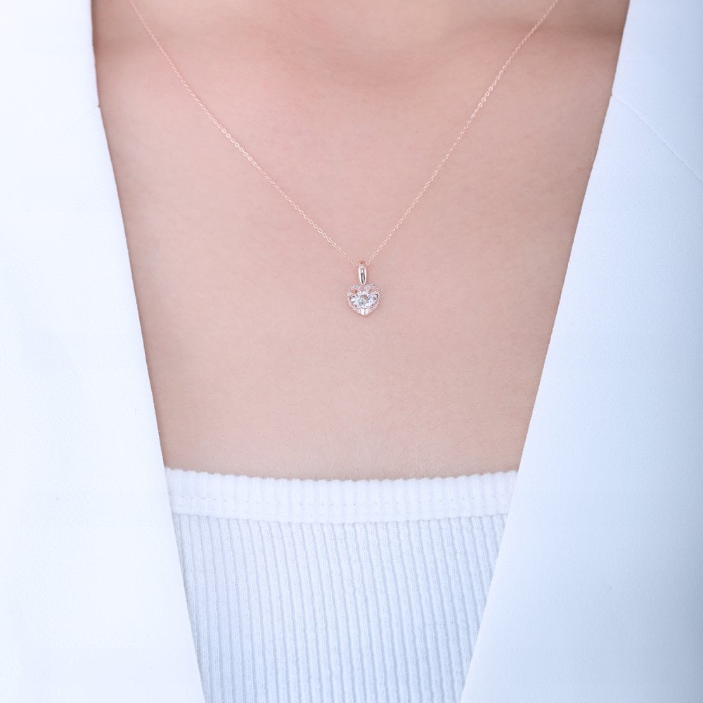 SPARKLD 9ct Rose Gold Diamond and White Topaz Heart Pendant Necklace