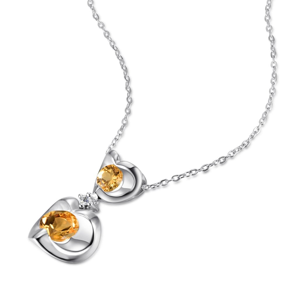 SPARKLD 9ct White Gold Diamond and Citrine Heart Pendant Necklace