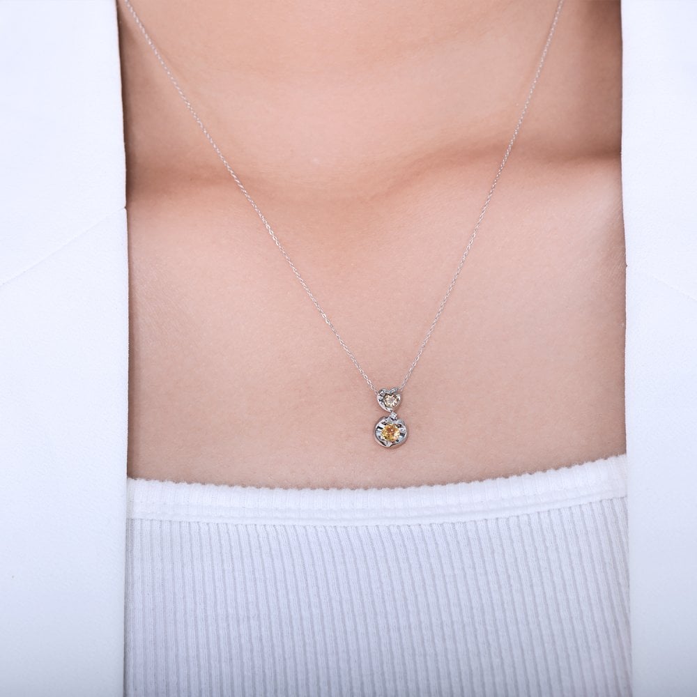 SPARKLD 9ct White Gold Diamond and Citrine Heart Pendant Necklace