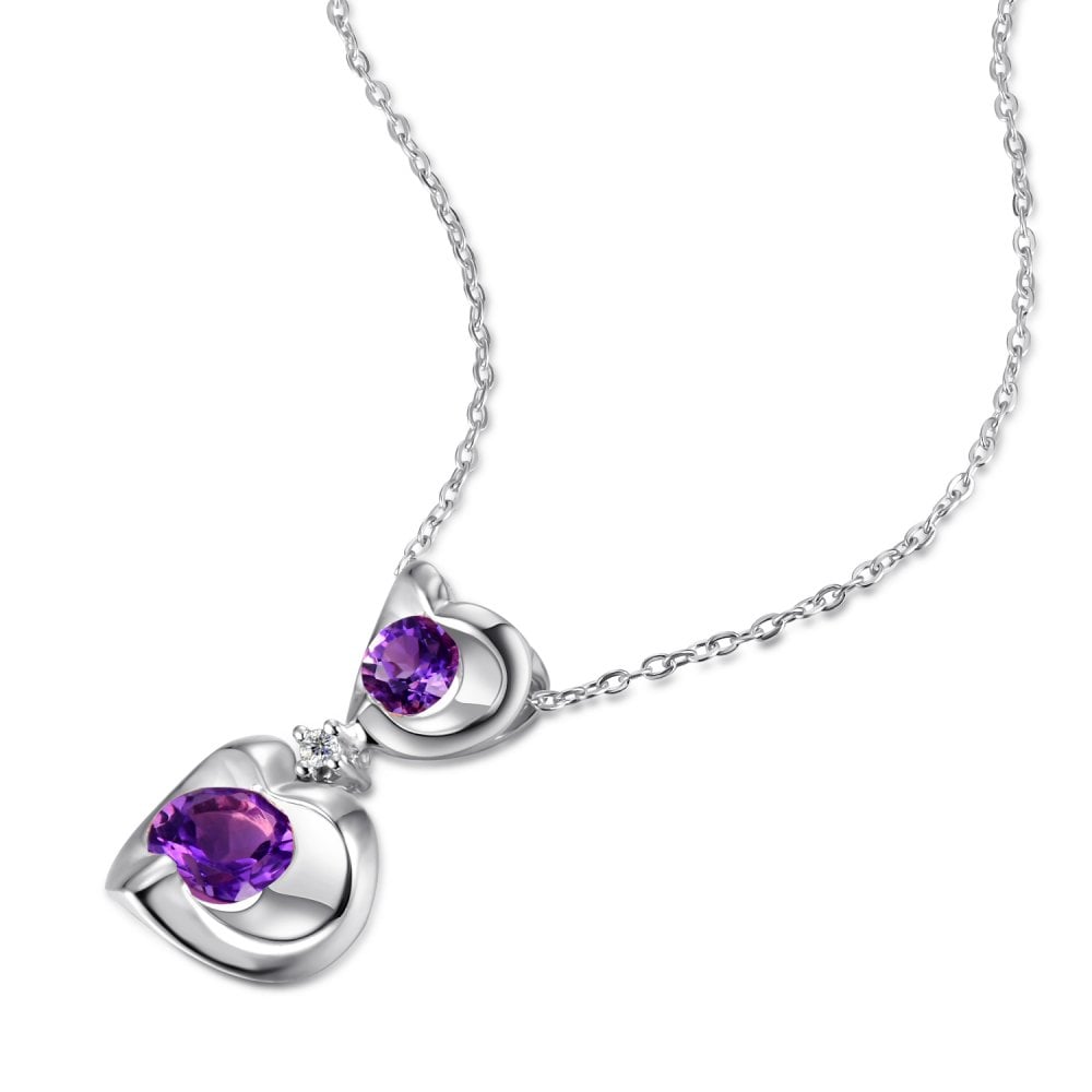 SPARKLD 9ct White Gold Diamond and Amethyst Heart Pendant Necklace