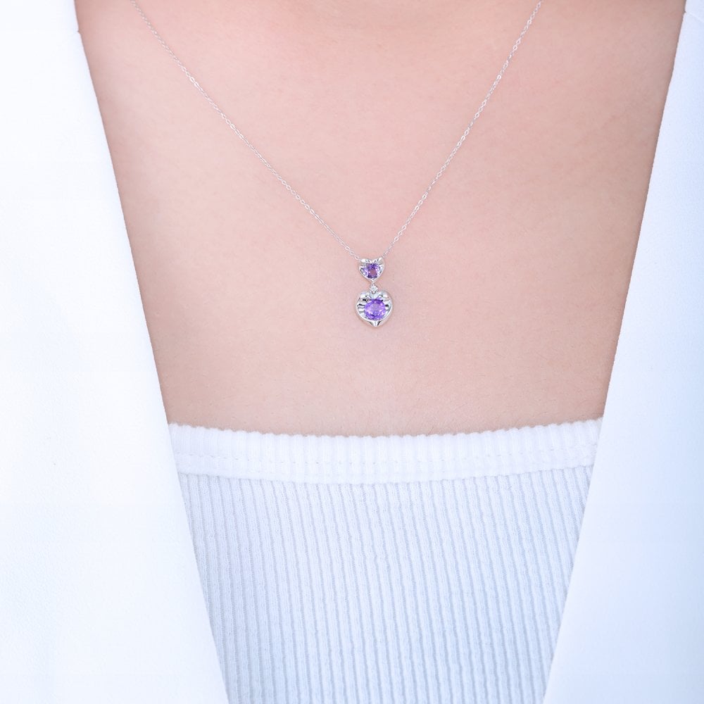 SPARKLD 9ct White Gold Diamond and Amethyst Heart Pendant Necklace