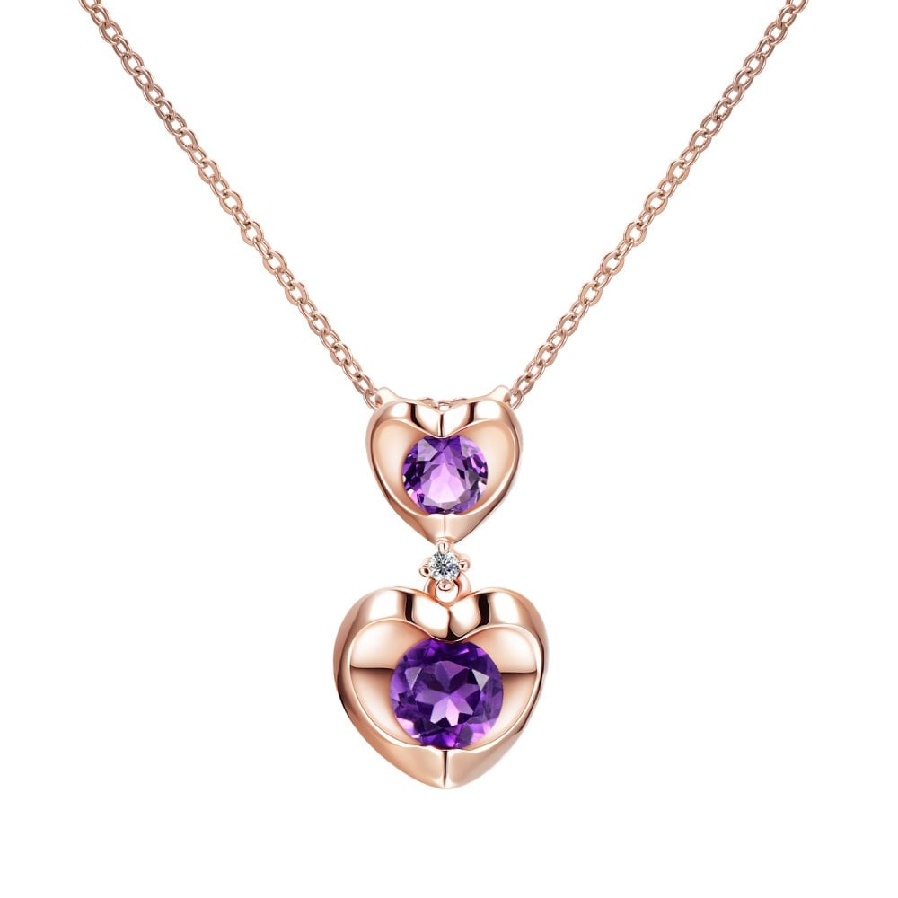SPARKLD 9ct Rose Gold Diamond and Amethyst Heart Pendant Necklace