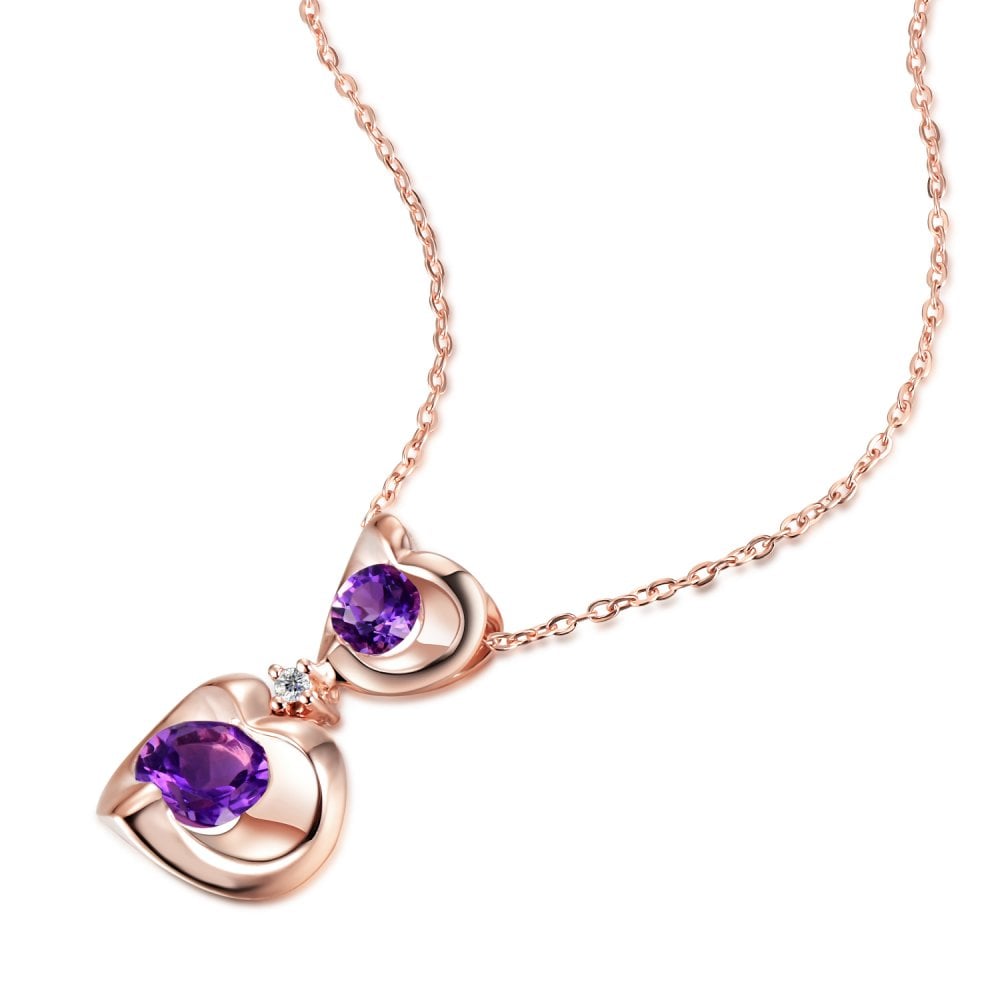 SPARKLD 9ct Rose Gold Diamond and Amethyst Heart Pendant Necklace