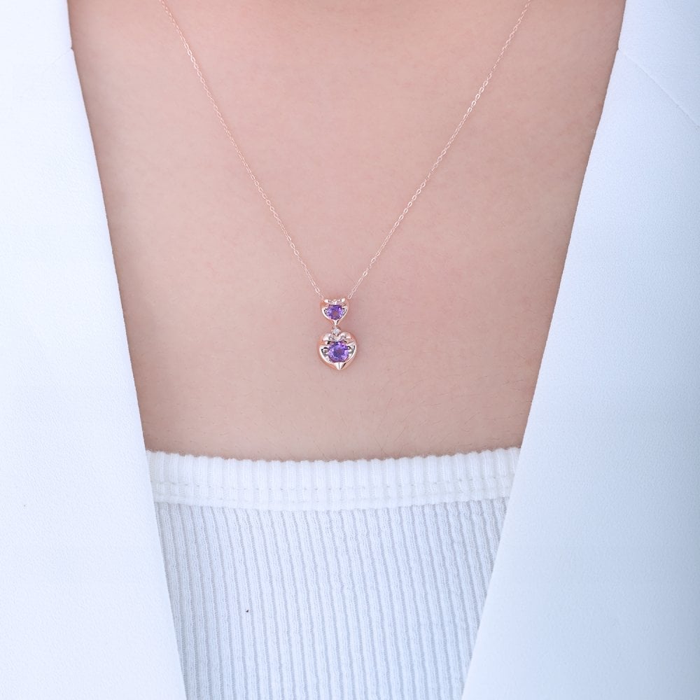 SPARKLD 9ct Rose Gold Diamond and Amethyst Heart Pendant Necklace