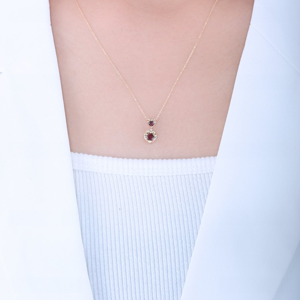 SPARKLD 9ct Yellow Gold Diamond and Garnet Heart Pendant Necklace