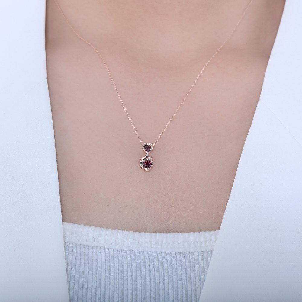 SPARKLD 9ct Rose Gold Diamond and Garnet Heart Pendant Necklace
