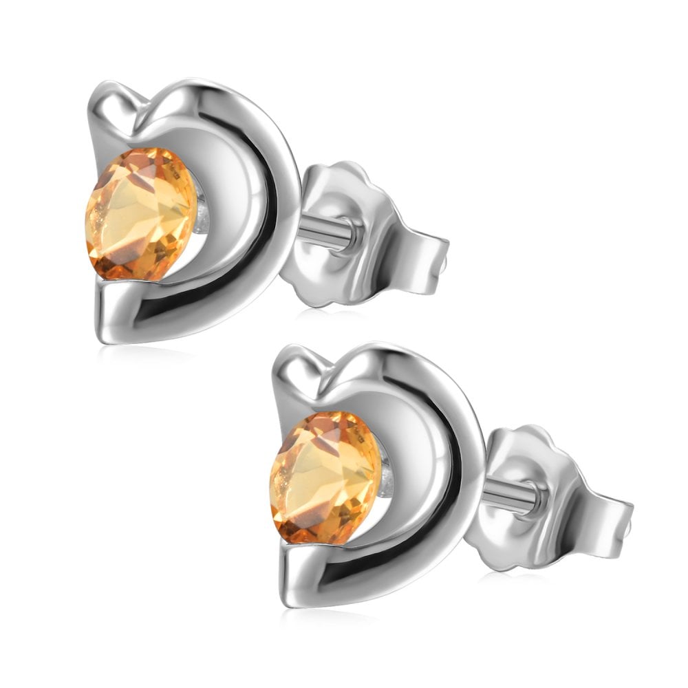 SPARKLD 9ct White Gold Citrine Heart Stud Earrings
