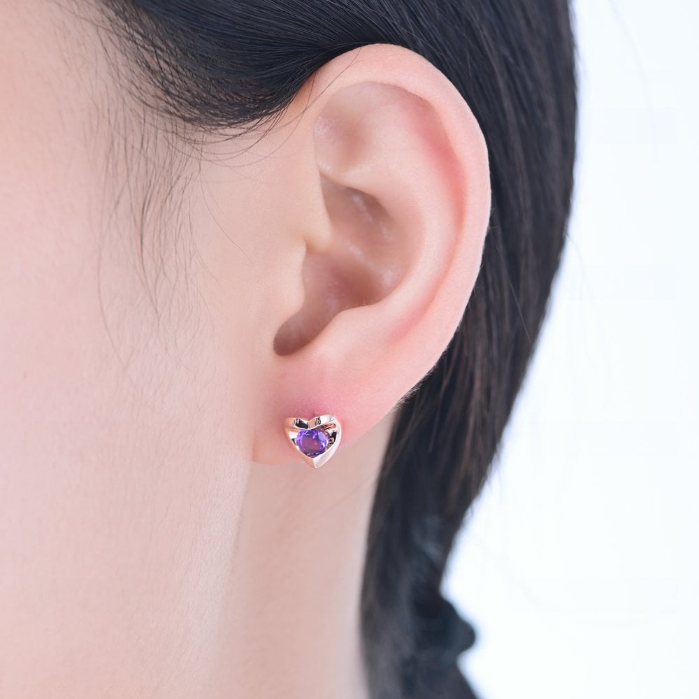 SPARKLD 9ct Rose Gold Amethyst Heart Stud Earrings