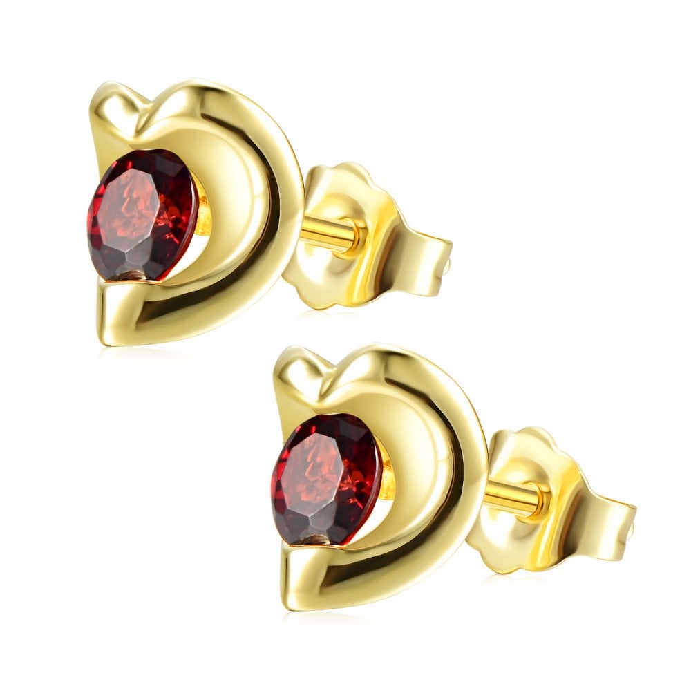SPARKLD 9ct Yellow Gold Garnet Heart Stud Earrings