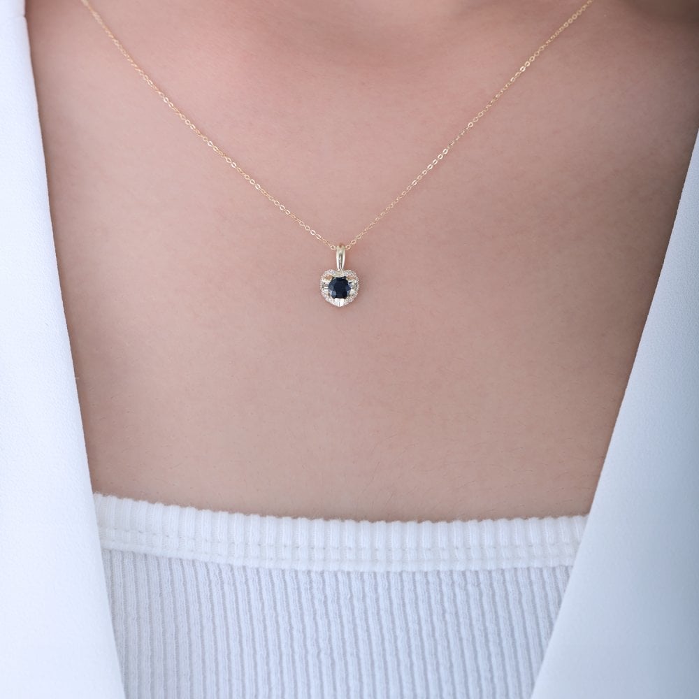 SPARKLD 9ct Yellow Gold Diamond and Sapphire Heart Pendant Necklace