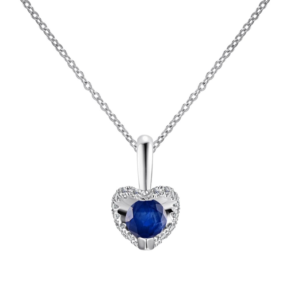 SPARKLD 9ct White Gold Diamond and Sapphire Heart Pendant Necklace