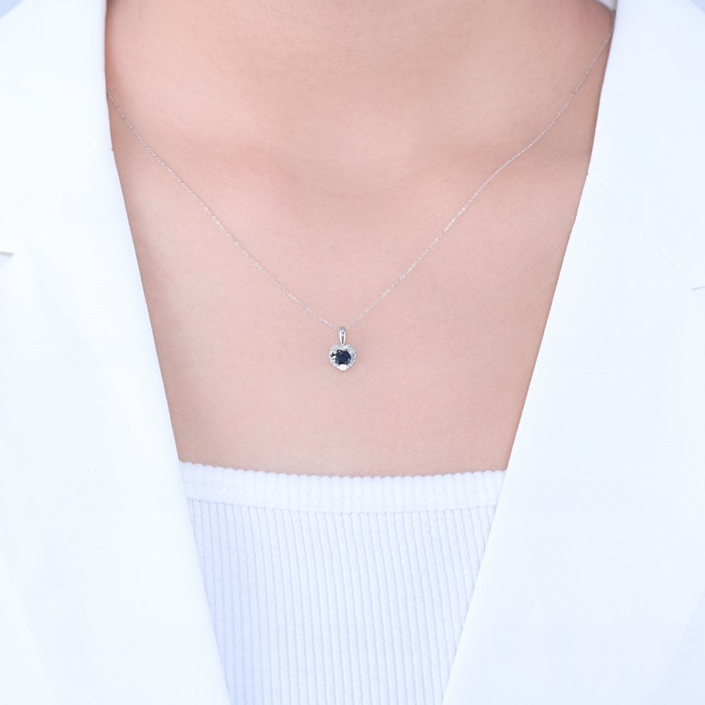 SPARKLD 9ct White Gold Diamond and Sapphire Heart Pendant Necklace