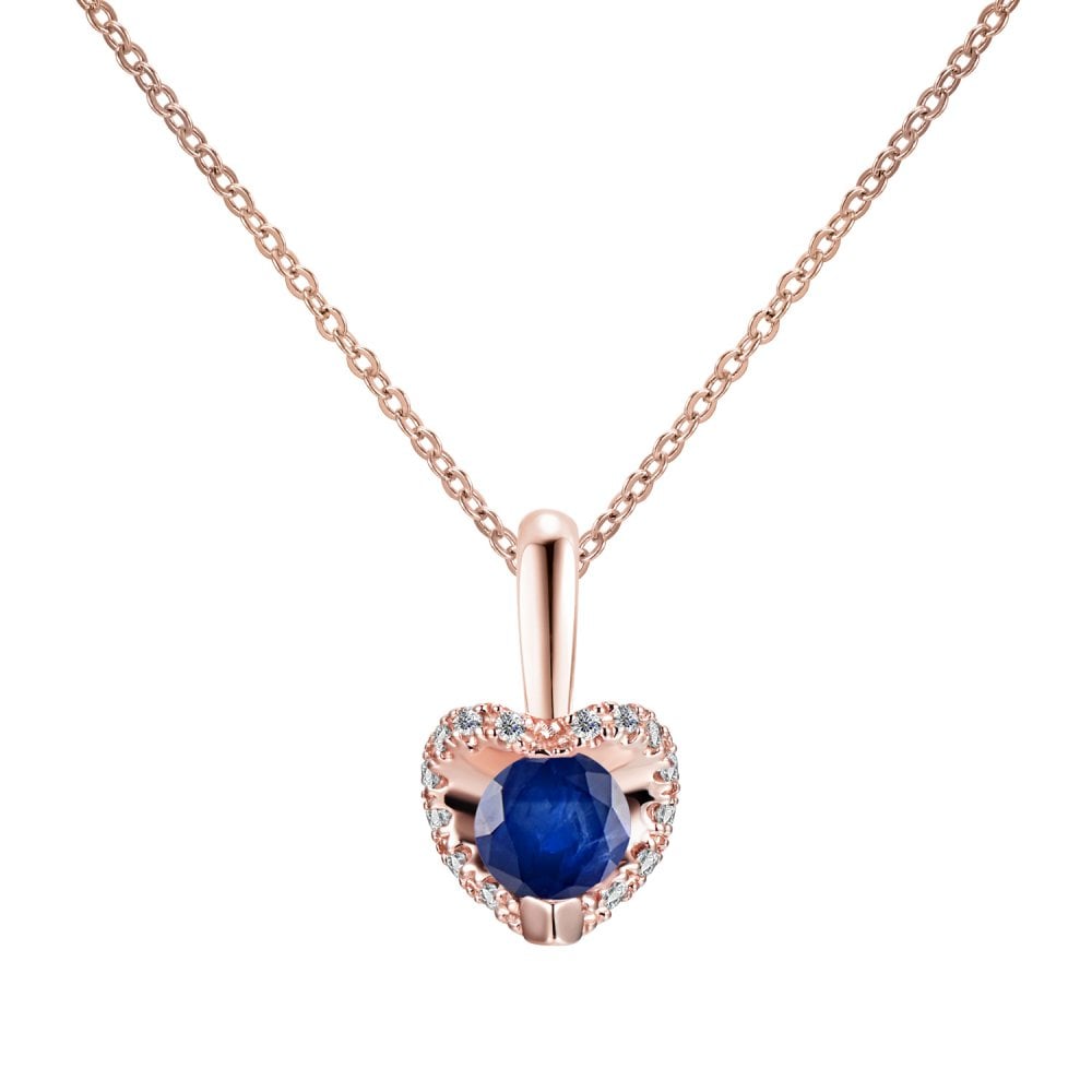 SPARKLD 9ct Rose Gold Diamond and Sapphire Heart Pendant Necklace