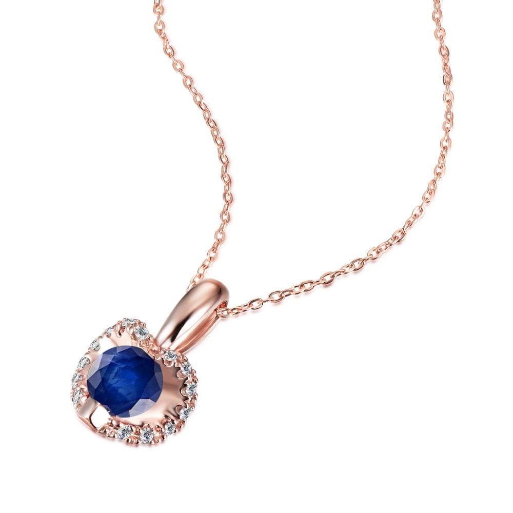 SPARKLD 9ct Rose Gold Diamond and Sapphire Heart Pendant Necklace