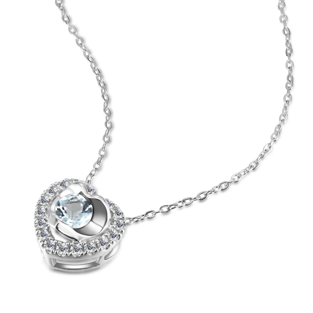 SPARKLD 9ct White Gold Diamond and Blue Topaz Heart Pendant Necklace