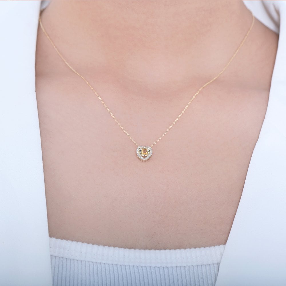 SPARKLD 9ct Yellow Gold Diamond and Citrine Heart Pendant Necklace