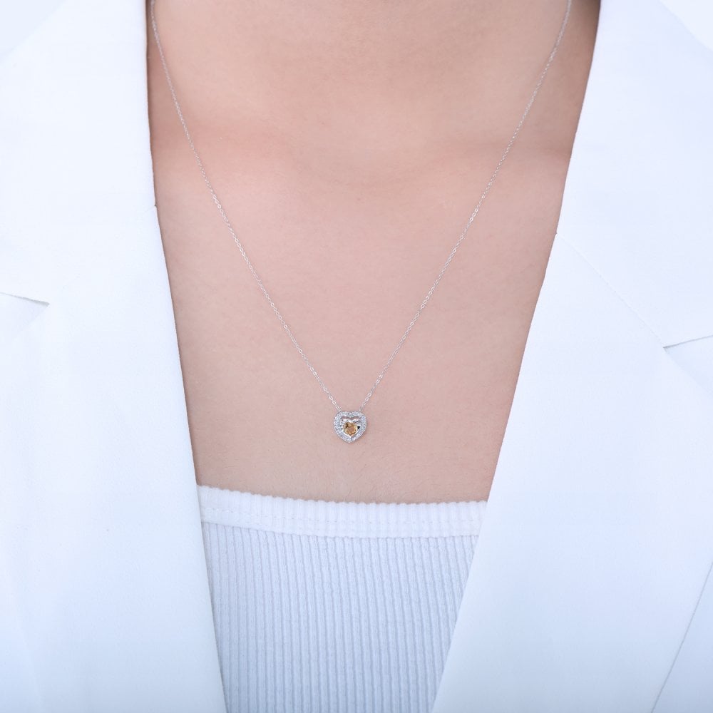 SPARKLD 9ct White Gold Diamond and Citrine Heart Pendant Necklace