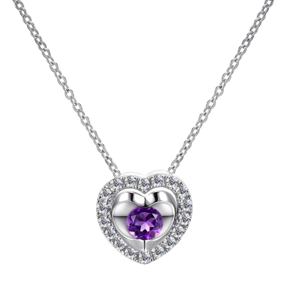 SPARKLD 9ct White Gold Diamond and Amethyst Heart Pendant Necklace