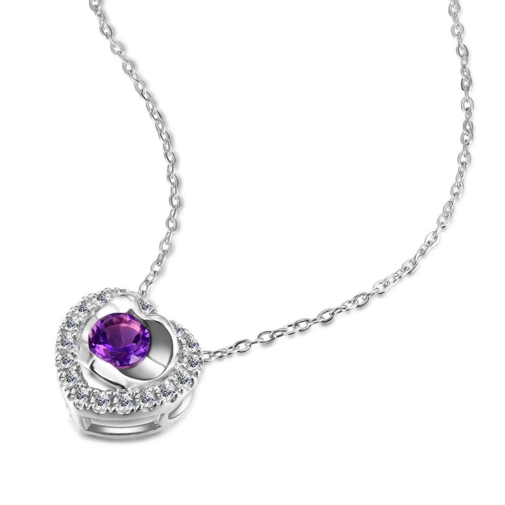 SPARKLD 9ct White Gold Diamond and Amethyst Heart Pendant Necklace