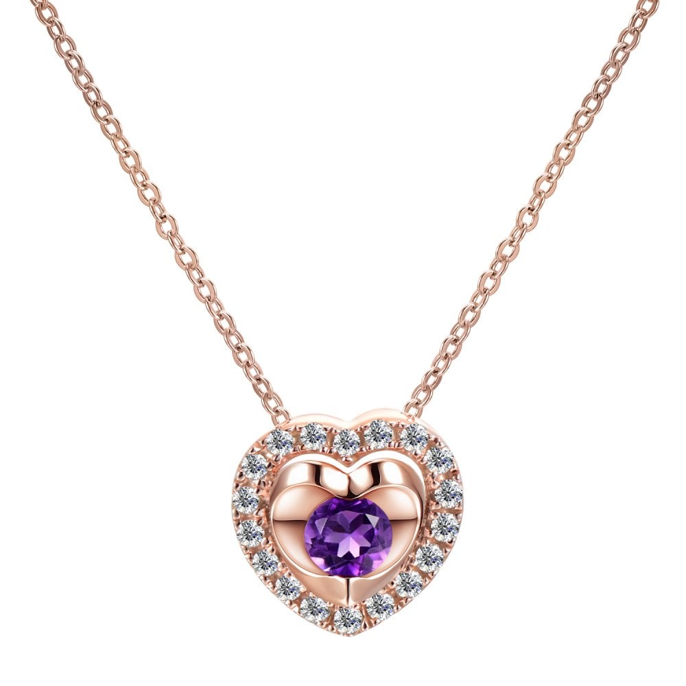 SPARKLD 9ct Rose Gold Diamond and Amethyst Heart Pendant Necklace