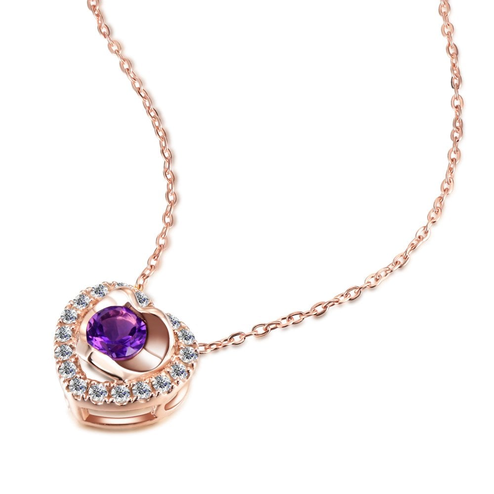 SPARKLD 9ct Rose Gold Diamond and Amethyst Heart Pendant Necklace