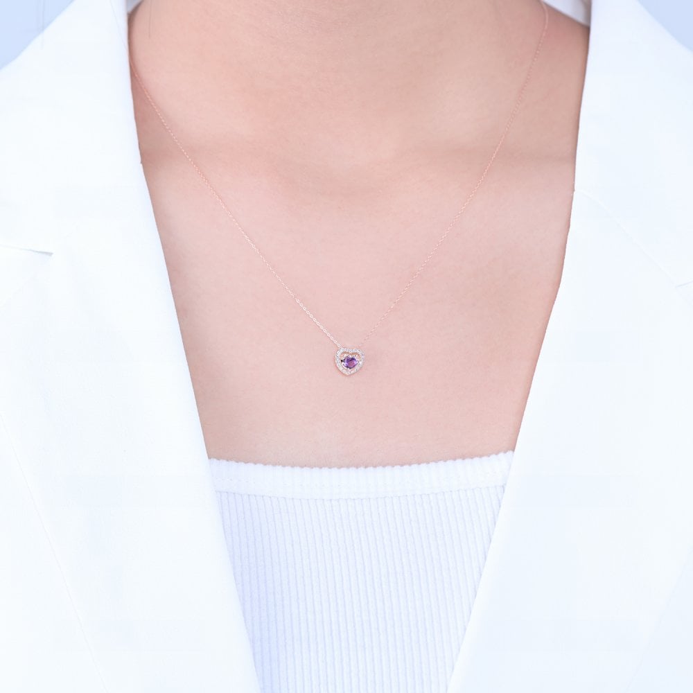 SPARKLD 9ct Rose Gold Diamond and Amethyst Heart Pendant Necklace