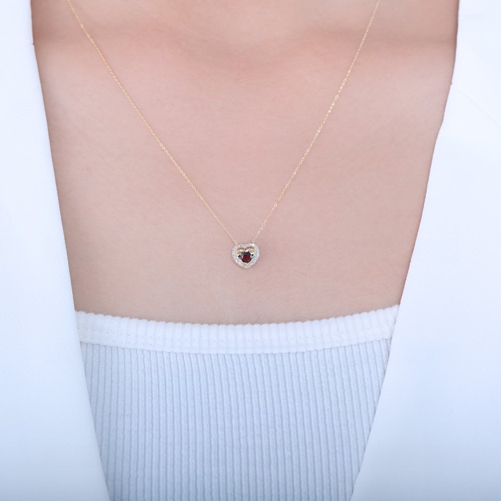 SPARKLD 9ct Yellow Gold Diamond and Garnet Heart Pendant Necklace