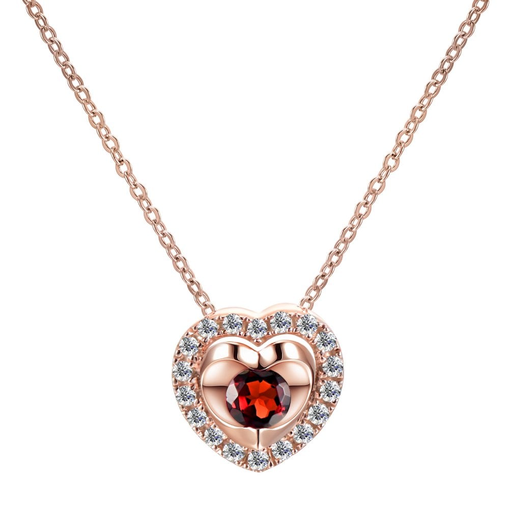 SPARKLD 9ct Rose Gold Diamond and Garnet Heart Pendant Necklace