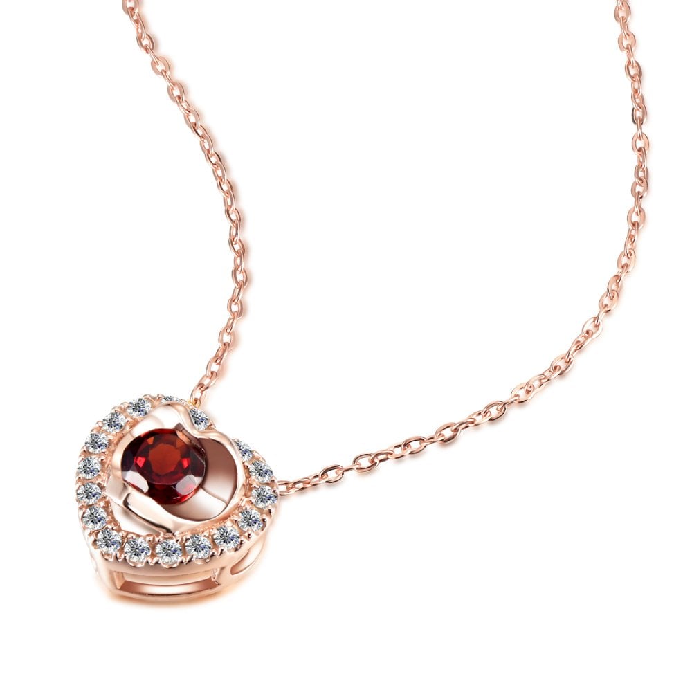 SPARKLD 9ct Rose Gold Diamond and Garnet Heart Pendant Necklace