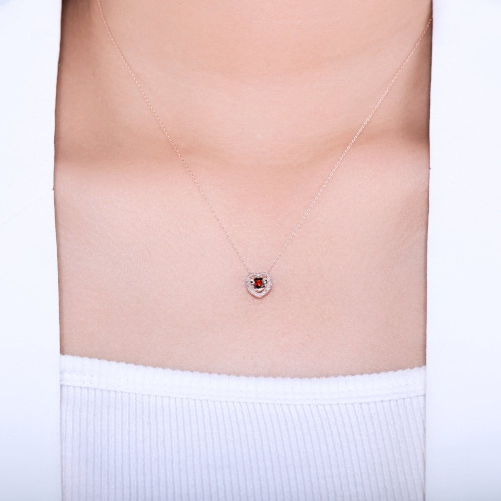 SPARKLD 9ct Rose Gold Diamond and Garnet Heart Pendant Necklace