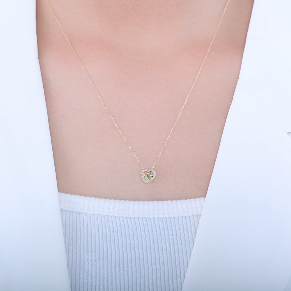 SPARKLD 9ct Yellow Gold Diamond and Peridot Heart Pendant Necklace