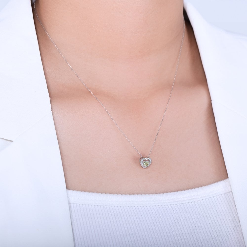 SPARKLD 9ct White Gold Diamond and Peridot Heart Pendant Necklace