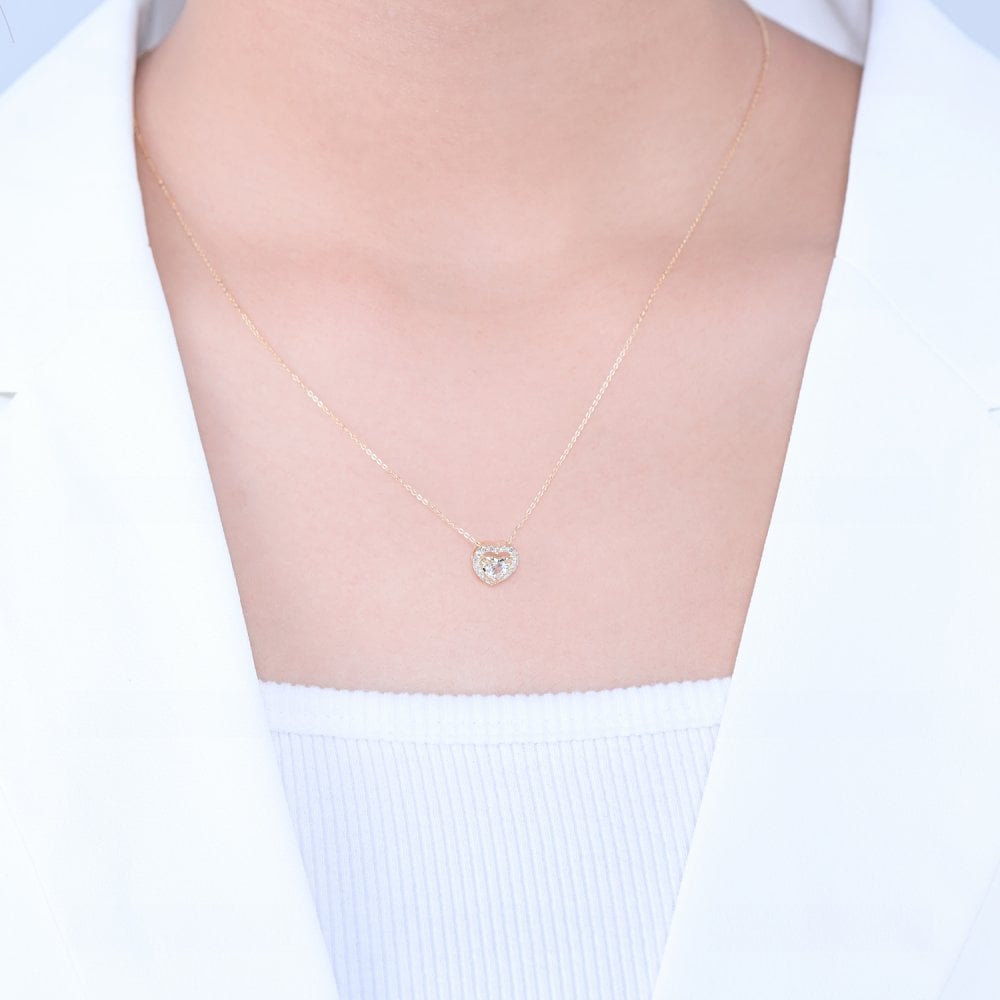 SPARKLD 9ct Yellow Gold Diamond and White Topaz Heart Pendant Necklace