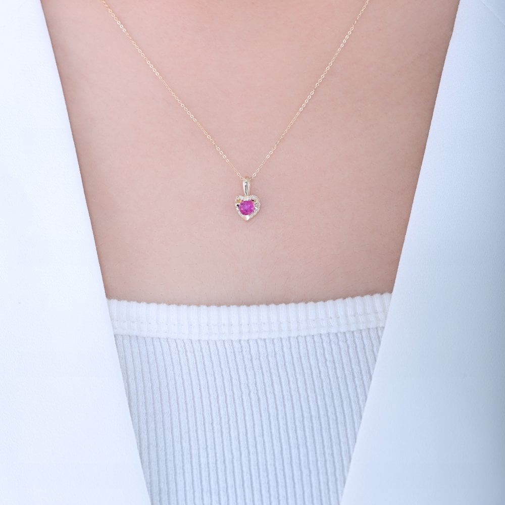SPARKLD 9ct Yellow Gold Diamond and Ruby Heart Pendant Necklace