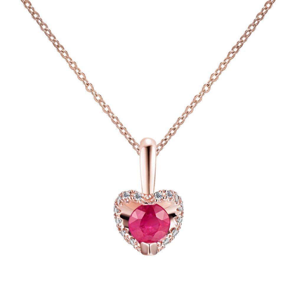 SPARKLD 9ct Rose Gold Diamond and Ruby Heart Pendant Necklace