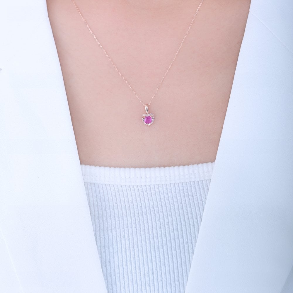 SPARKLD 9ct Rose Gold Diamond and Ruby Heart Pendant Necklace