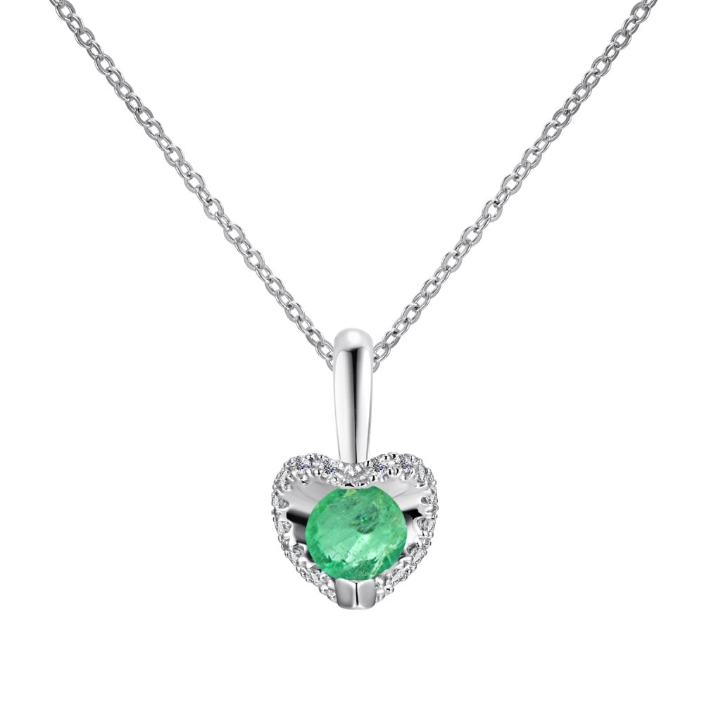 SPARKLD 9ct White Gold Diamond and Emerald Heart Pendant Necklace
