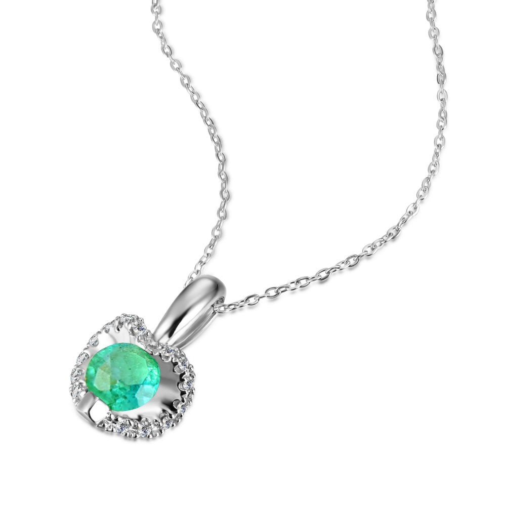 SPARKLD 9ct White Gold Diamond and Emerald Heart Pendant Necklace
