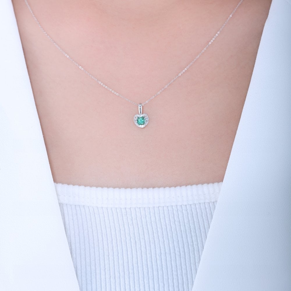 SPARKLD 9ct White Gold Diamond and Emerald Heart Pendant Necklace