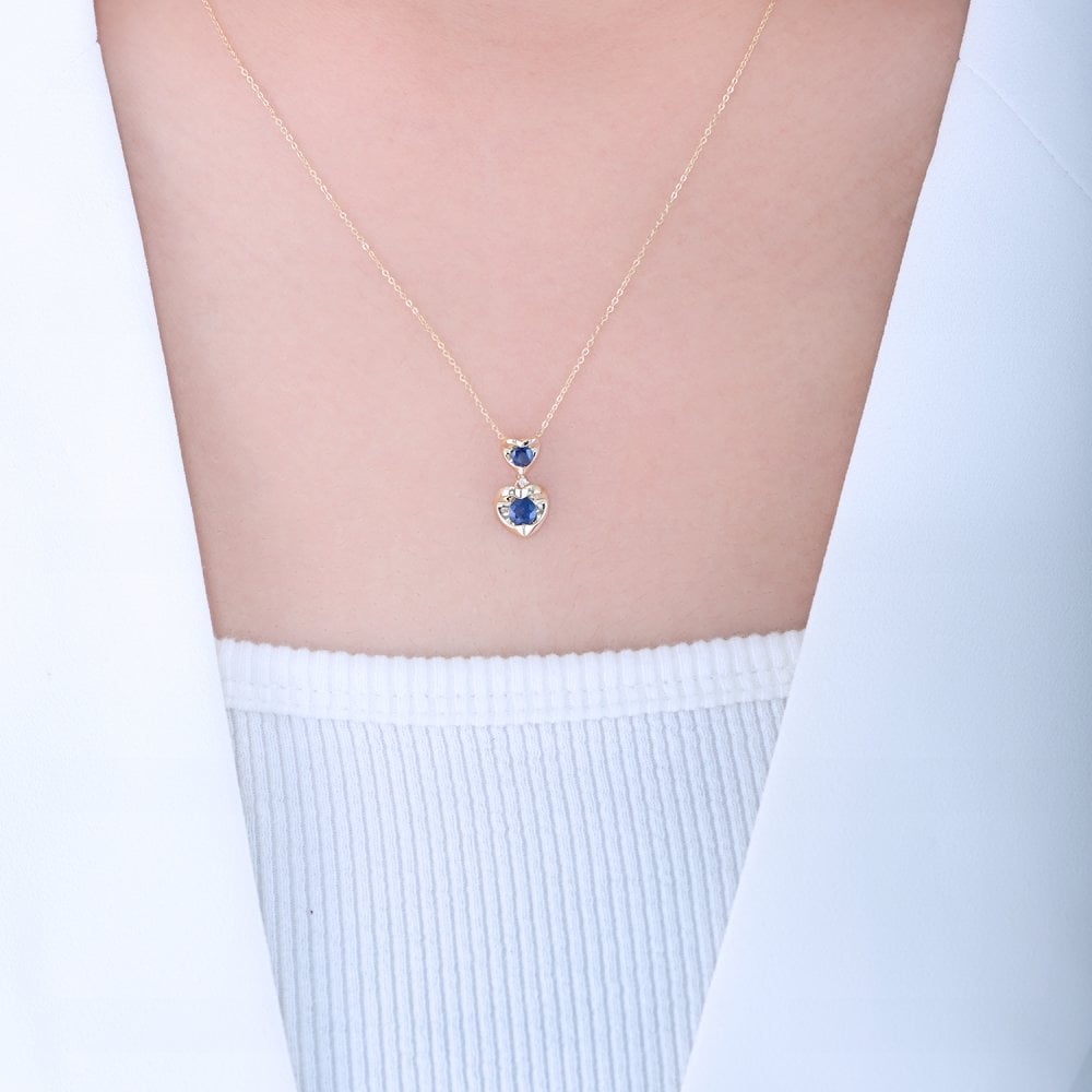 SPARKLD 9ct Yellow Gold Diamond and Sapphire Heart Pendant Necklace
