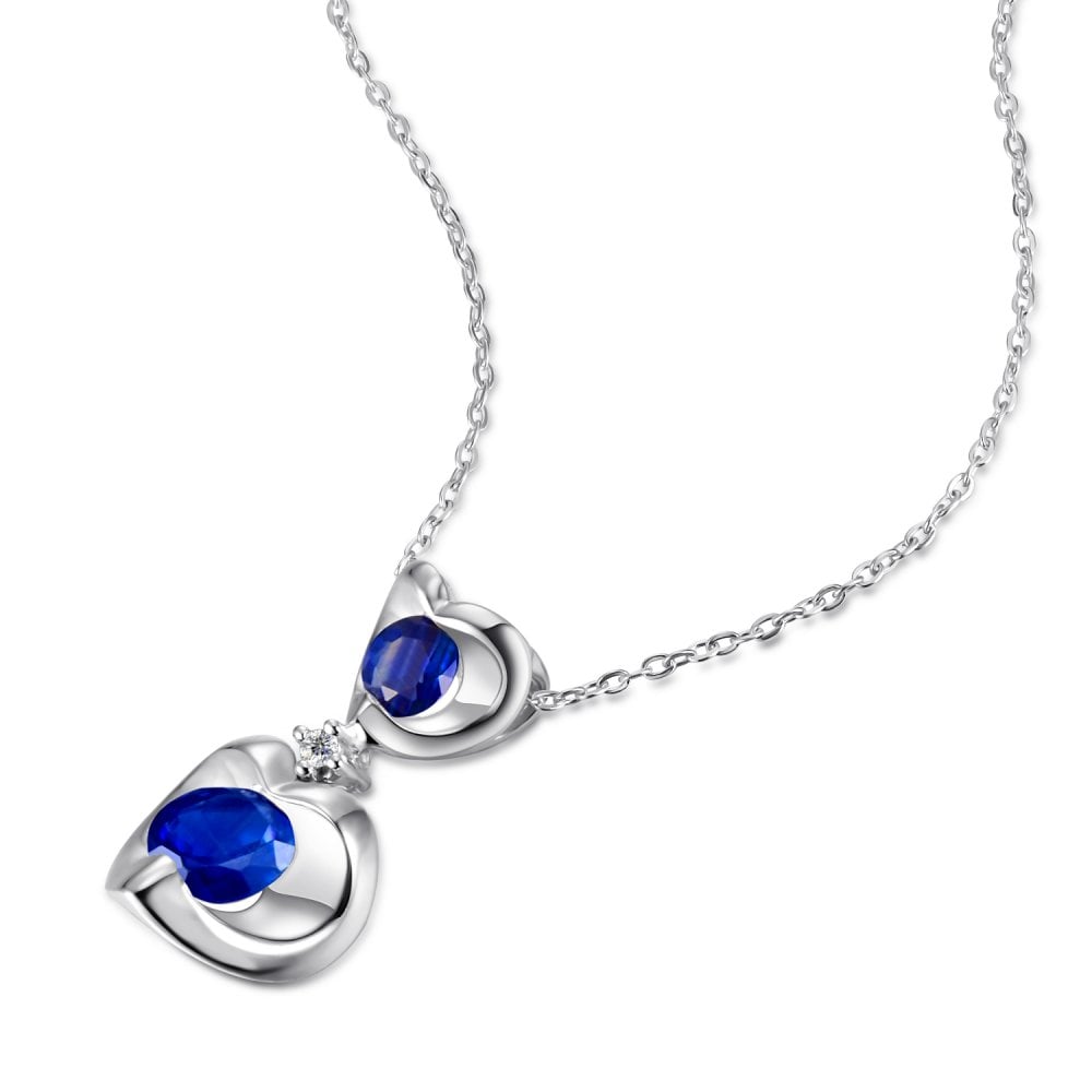 SPARKLD 9ct White Gold Diamond and Sapphire Heart Pendant Necklace