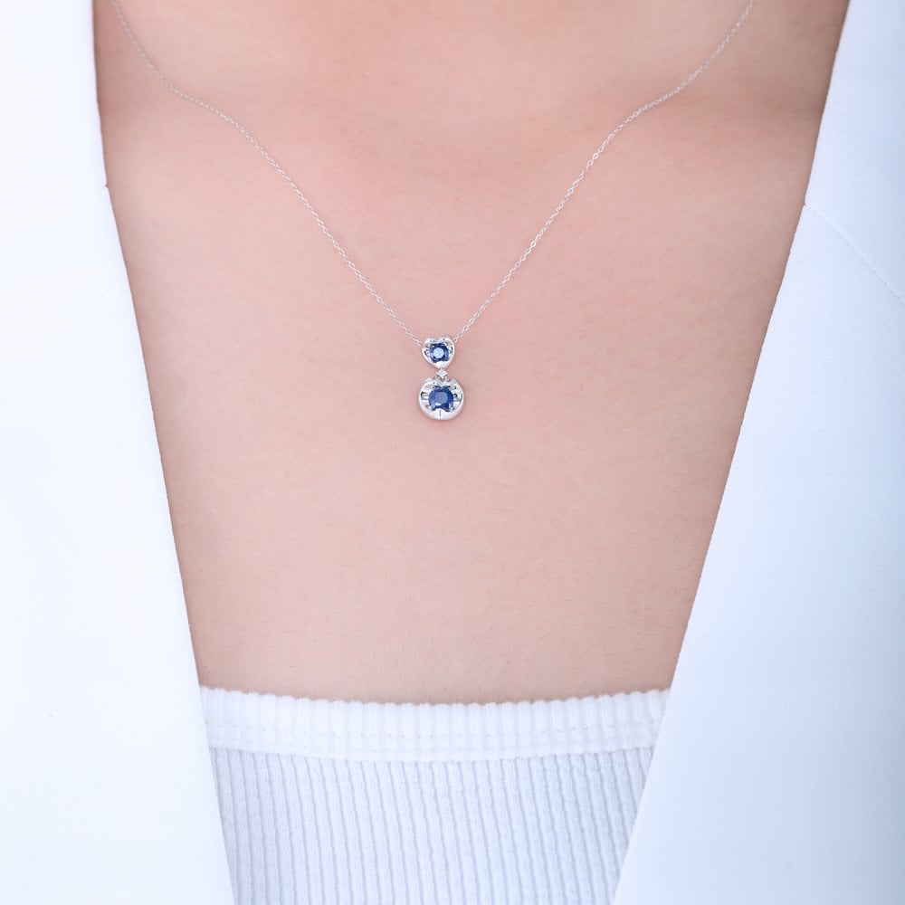 SPARKLD 9ct White Gold Diamond and Sapphire Heart Pendant Necklace